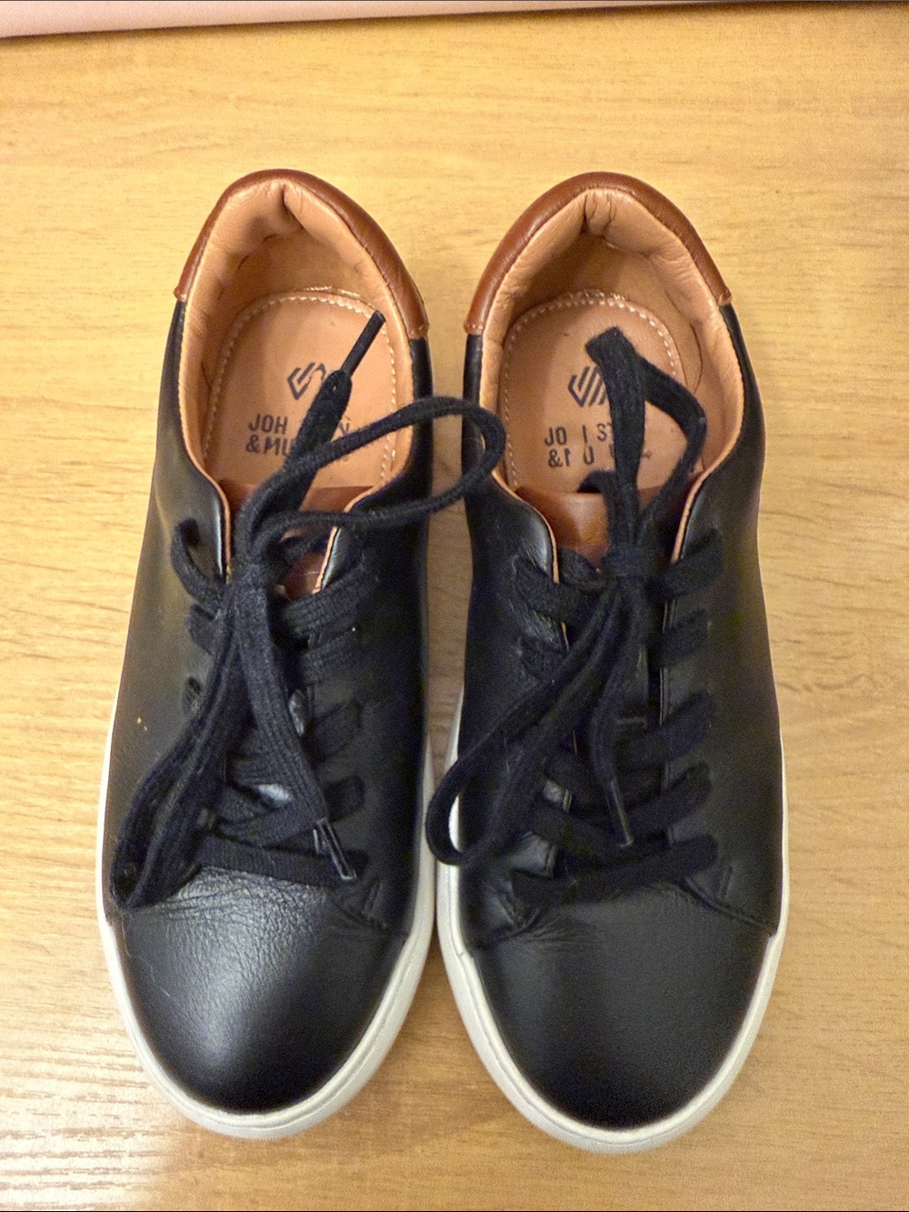 Johnston & Murphy Black Leather Boys Sneakers with Brown Trim